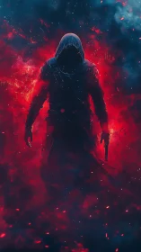 Hooded specter strides from crimson smoke and shadowed flame.