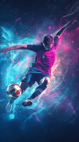 Neon kinetic footballer in dynamic digital painting composition.