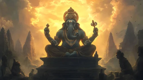 Elephant-headed deity sits on temple pedestal at sunset