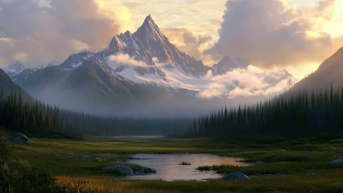 Summit carves dawnlight above a hush of mist and pines