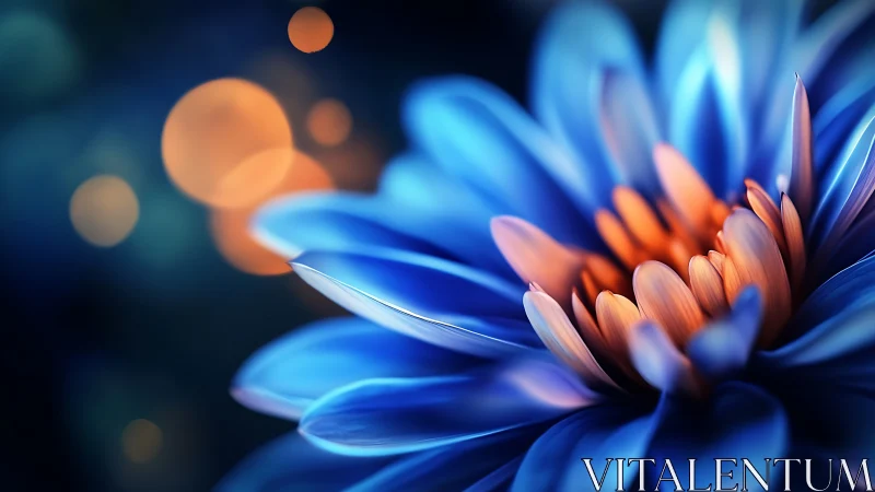 Blue flower with orange center and bokeh lighting.