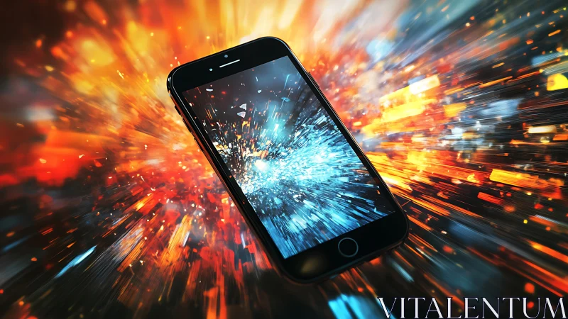 Dynamic smartphone explosion in high-speed digital concept art.