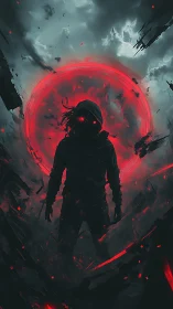 Hooded figure with red energy ring in stormy sky.