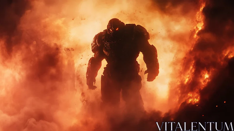 Inferno-born war titan strides through collapsing flame veil.
