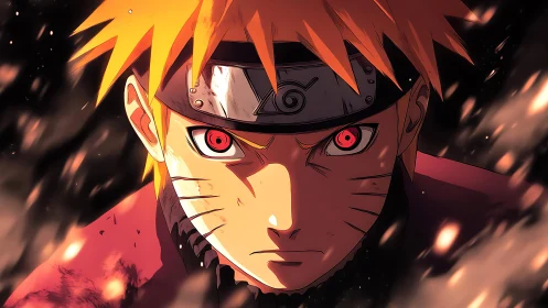 Intense red-eyed anime warrior in frontal close-up portrait