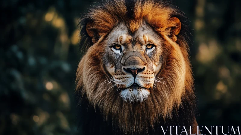 Regal male lion stares forward in warm rim light.