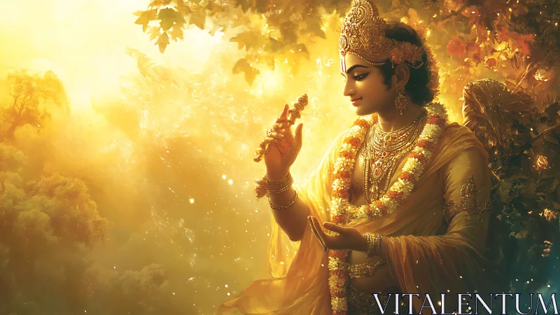 Radiant divine figure contemplates a flute in golden light