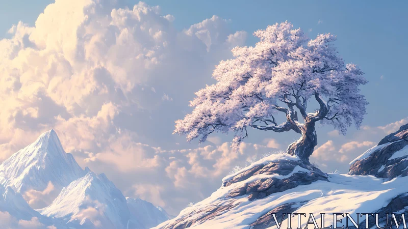 Solitary frost tree crowning luminous snowy ridgeline.