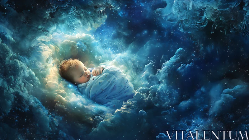 Sleeping baby drifts in luminous cosmic cloud cradle