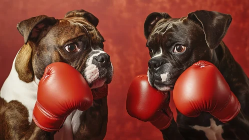 Two Boxing Canines Display Anthropomorphic Aggression in Vibrant Red Studio Setting