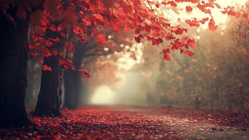 Crimson leaves whisper along a misty autumn forest road