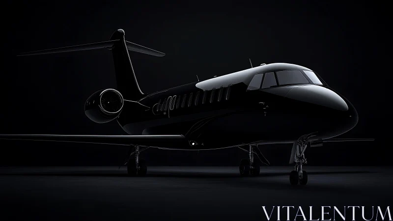 Glossy black private jet rests under dramatic low key light