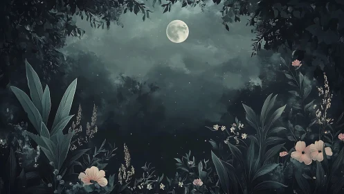 Moonlit forest clearing with flowers and dense foliage.