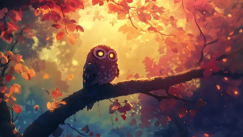 Enchanted Owl on Autumn Branch in Magical Forest Digital Art.