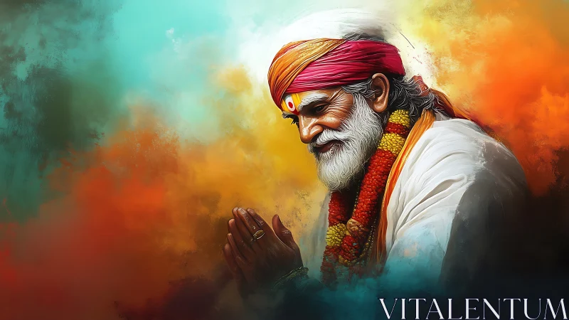 Smiling elderly sage in prayer amid vivid sacred colors.