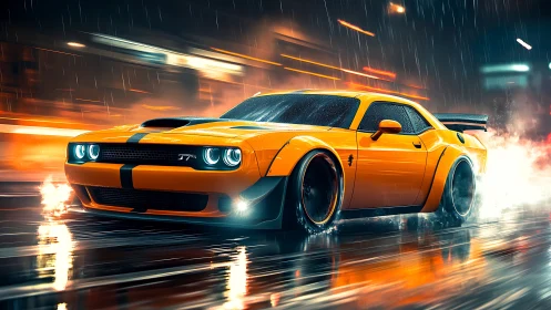 Widebody yellow muscle car drifting through neon rain streets