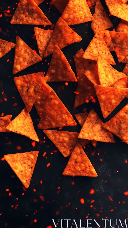 Fiery nacho triangles drift across a dark snacking cosmos.