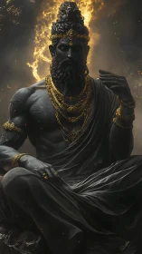 Seated dark-robed figure with gold adornment and flames.