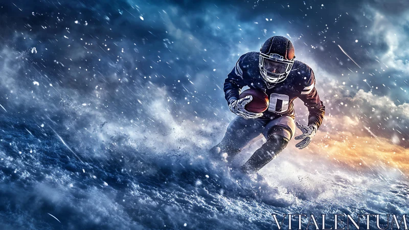 Dynamic digital painting of football runner in snowstorm arena.