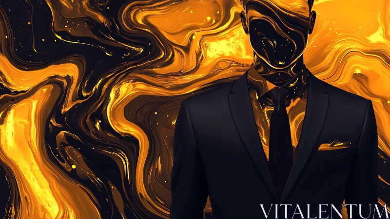 Molten-gold faceless executive in swirling cosmic suit.