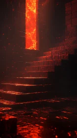 Molten threshold glows in obsidian industrial void.