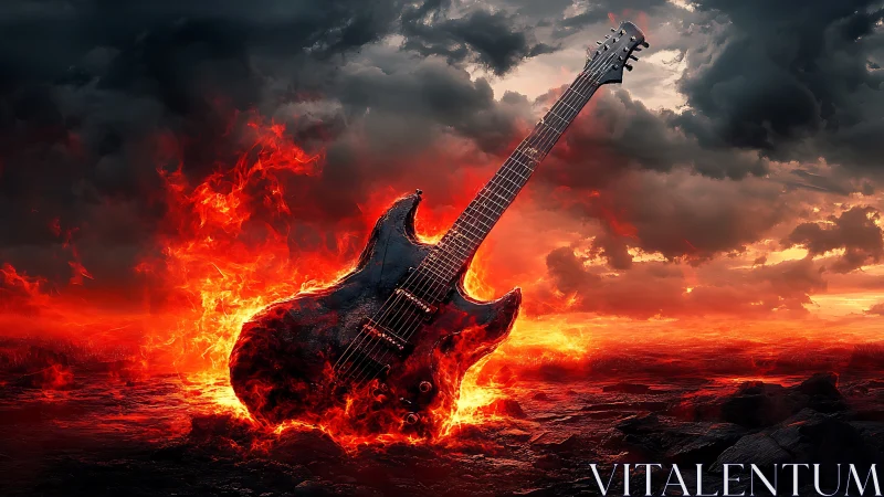 Electric guitar in volcanic landscape with intense flames.
