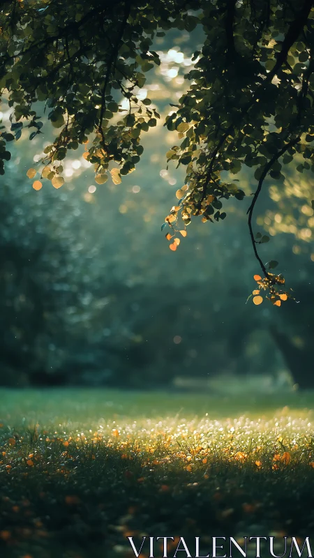 Golden hour foliage casts luminous bokeh across verdant meadow.