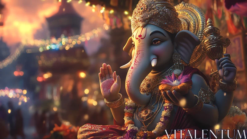 Luminous Ganesha blessing a festival street in golden dusk.