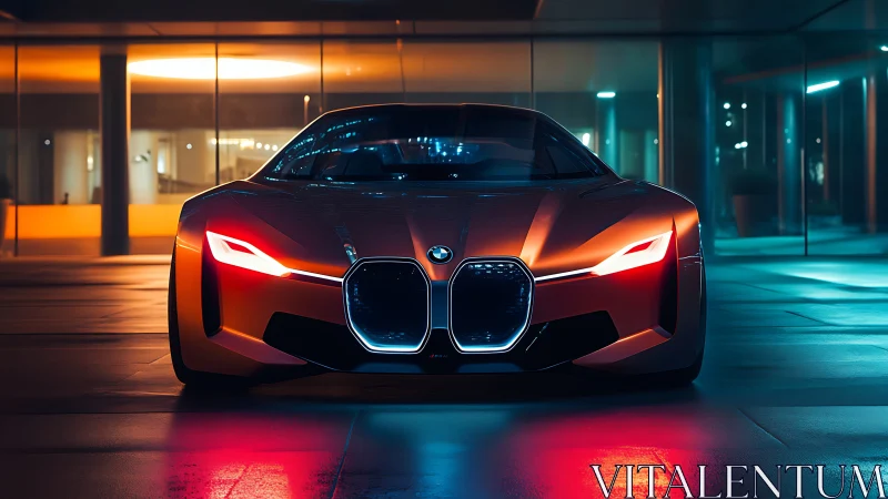 Neon-lit concept supercar stalks the midnight glass city.