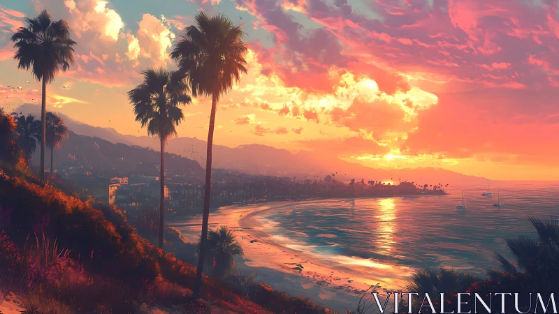 Vibrant coastal sunset over palm-lined bay with calm waters