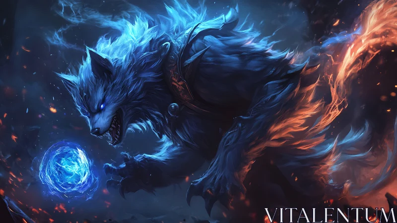 Bipedal wolf entity manipulates blue energy sphere in flame