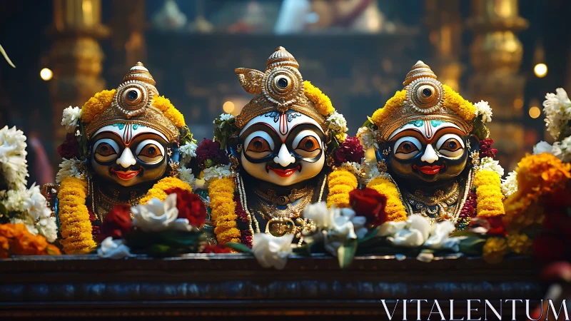 Jagannath deities garlanded with marigolds in ornate shrine.