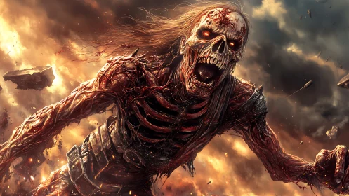 Burning skeletal warrior charges through apocalyptic flames