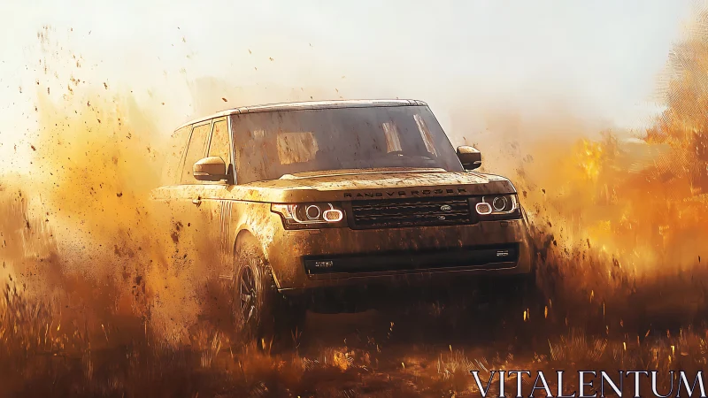 Range Rover SUV powers through muddy off road terrain.