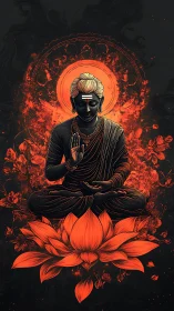 Radiant Buddha in orange lotus glow calms the dark night