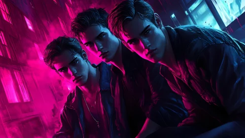 Cyberpunk neon triptych of brooding street vigilantes.