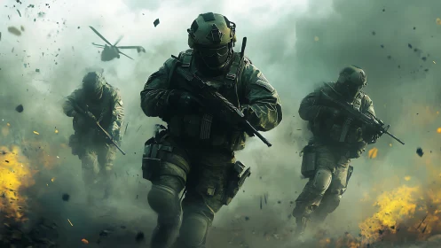 Tactical infantry unit advances through smoke and explosive debris