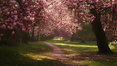 Blossom-laden trees whisper over a petal-dusted pathway