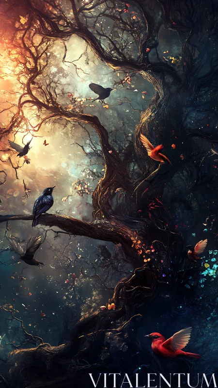 Enchanted twilight tree alive with glowing birds and color.