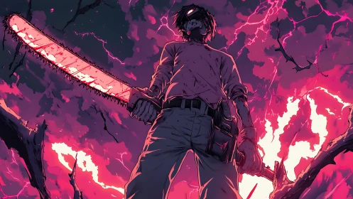 Fierce chainsaw wielder framed by stormy neon skies.