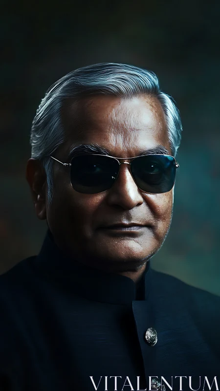 Older man in dark suit wearing sunglasses faces camera