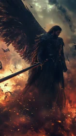 Armored dark-winged angel warrior amid firestorm embers