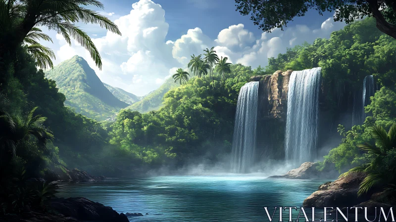 Tropical waterfall basin with forested mountains and clouds.