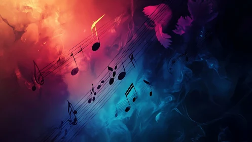 Musical notation overlays a dual-tone abstract color gradient