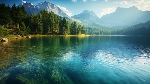 Spectral alpine lake with refractive clarity and sunlit conifers.