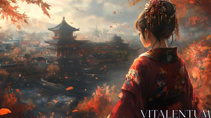 Autumn-cloaked woman quietly overlooks a misty ancient city