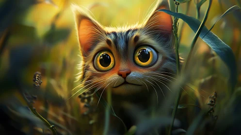 Ethereal Cat Portrait Among Wild Grasses.