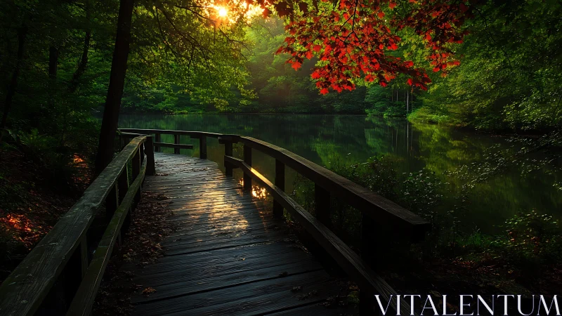 Forest boardwalk curves toward a tranquil lake at sunset.