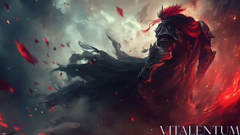 Dark armored warlord strides through swirling crimson embers.