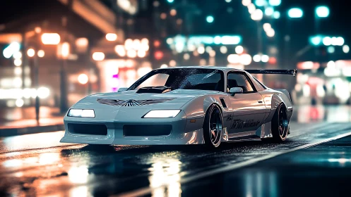 Neon midnight Trans Am slicing through rainlit streets.